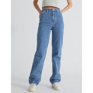 PacSun Dad Jean Blue Denim All Over Ripped High Waist Straight Leg‎ Womens Sz 26